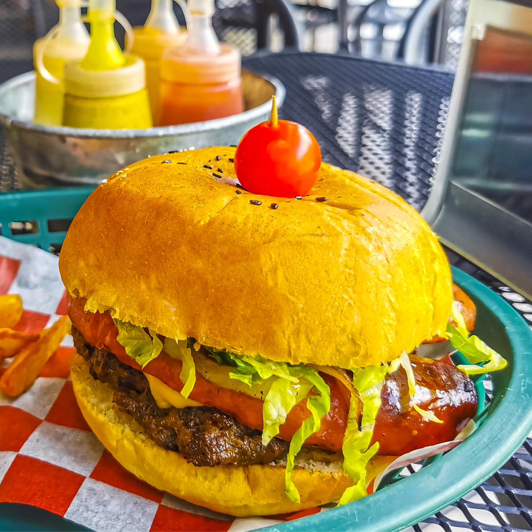 Burger and fries in a basket